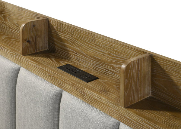 English Elm Garcia Eastern King Bed with USB Ports, Aspen Brown Fabric Upholstery, Solid Rubberwood Frame Light Brown 84.45 L x 7.36 W x 3.15 H B2726S00539