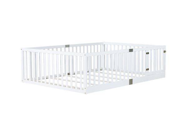 English Elm Twin Floor Bed Solid Rubber Wood with Tall Safety Railings for Toddler Sleep White W504P287658