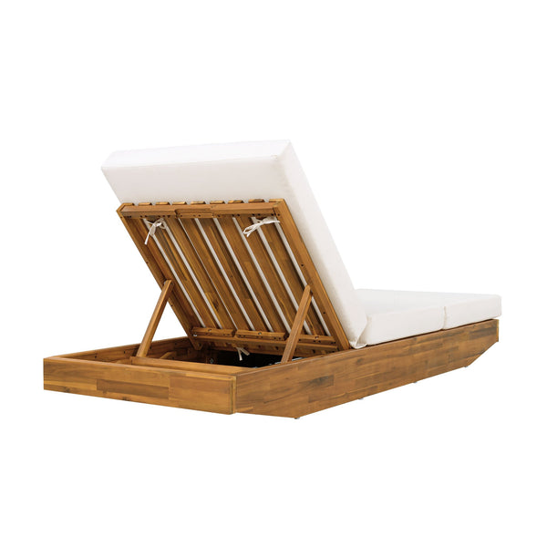 English Elm Boat-shape Acacia Wood Outdoor Chaise Lounge Slatted Teak Finish Poolside Recliner Cream,Teak N770P380117T_N770P208317C