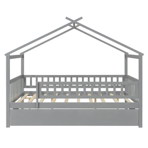 English Elm Full Size Pine House Bed with Roofline Frame and Roll Out Twin Trundle for Kids Gray LP100306AAE