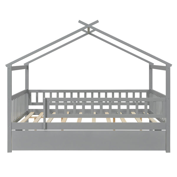 English Elm Full Size Pine House Bed with Roofline Frame and Roll Out Twin Trundle for Kids Gray LP100306AAE