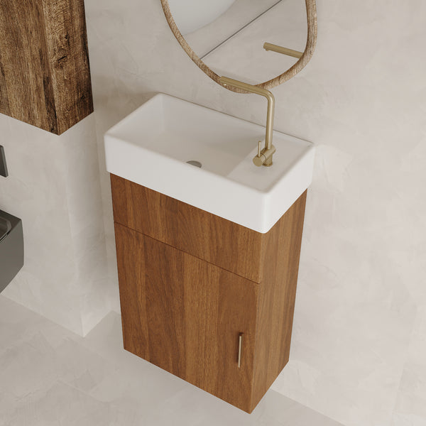 English Elm 16.5 Inch Floating Bathroom Vanity Wall Mounted Ceramic Basin Soft Close Door W3136S00033