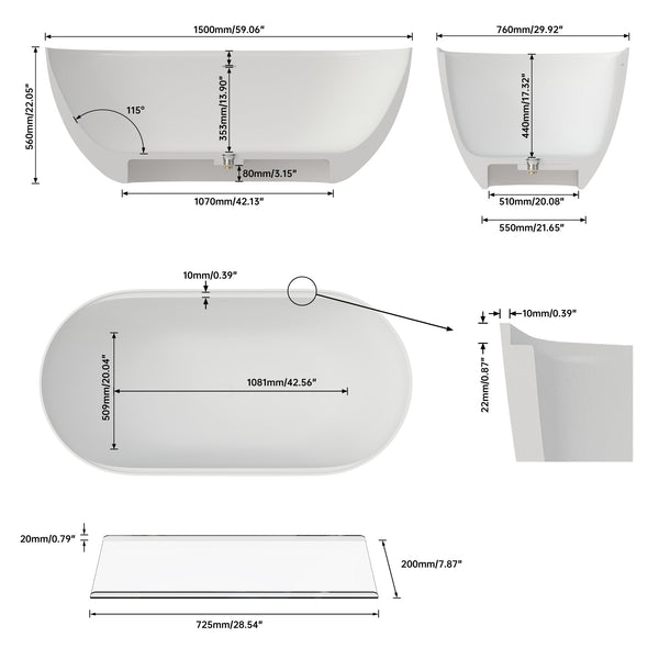 English Elm 59 Inch Freestanding Soaking Tub Eco Stone Resin Matte Finish Spa Bath Basin W2704P369954