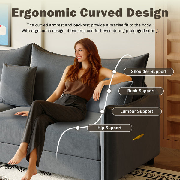 English Elm 81.9" 3-in-1 Convertible Sleeper Sofa Bed with Velvet Upholstery, 3 Pillows & Golden Trim Accent DARK GREY W1885S00253