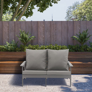English Elm Patio Wood-Style Outdoor Loveseat Sofa 2-Seater Gray – Weatherproof HIPS Frame, Olefin Cushions, UV-Resistant Comfort T3609P352398