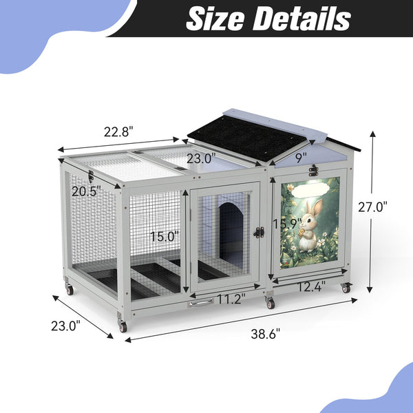 English Elm Wooden Pine Rabbit Hutch Dual Compartment Pet House with Casters Weatherproof Roof W2181P356189