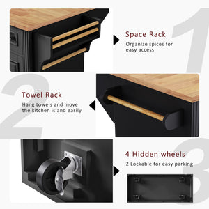 English Elm K&k Farmhouse Rolling Kitchen Island Rubberwood Drop Leaf 3 Drawers 4 Cabinet Doors Black N707S195395B