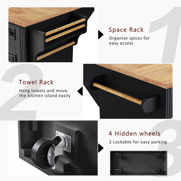 English Elm K&k Farmhouse Rolling Kitchen Island Rubberwood Drop Leaf 3 Drawers 4 Cabinet Doors Black N707S195395B