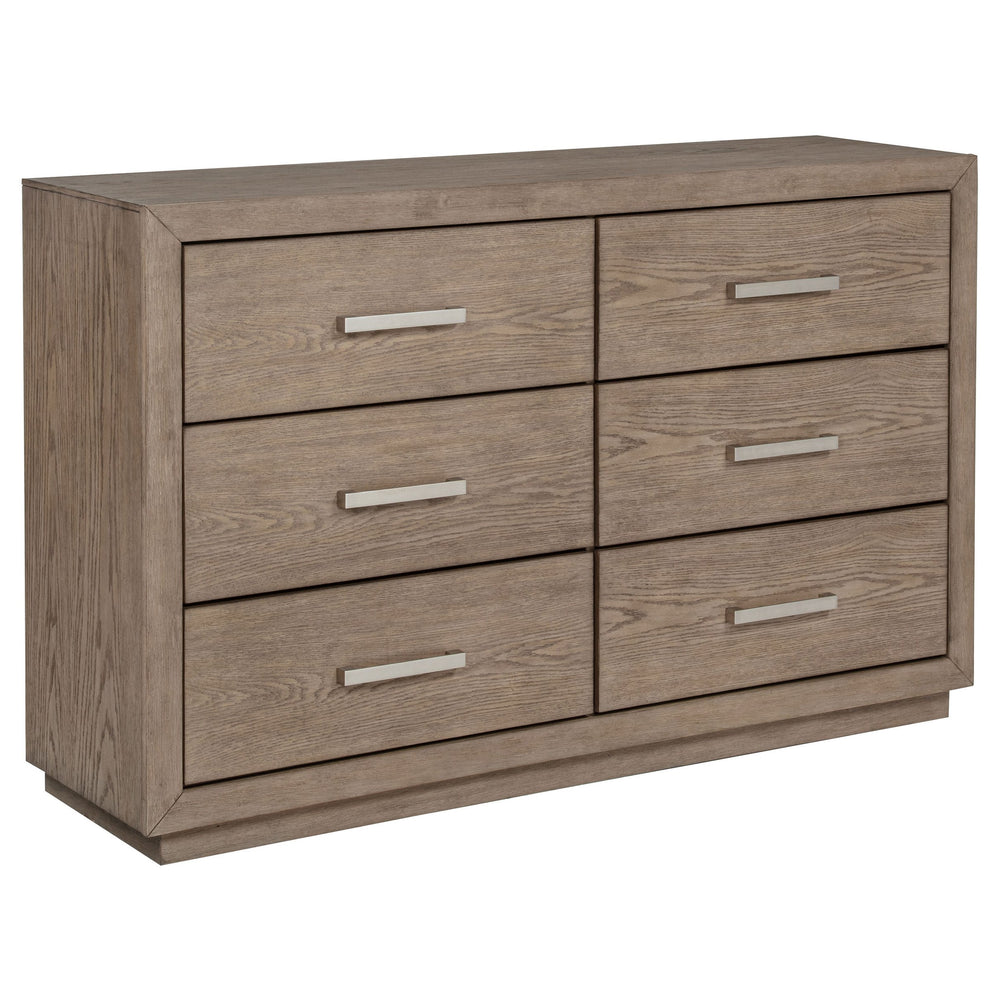 English Elm Gibbons Six Drawer Dresser Warm Brown Finish with Chrome Pulls for Modern Bedroom B062P447734