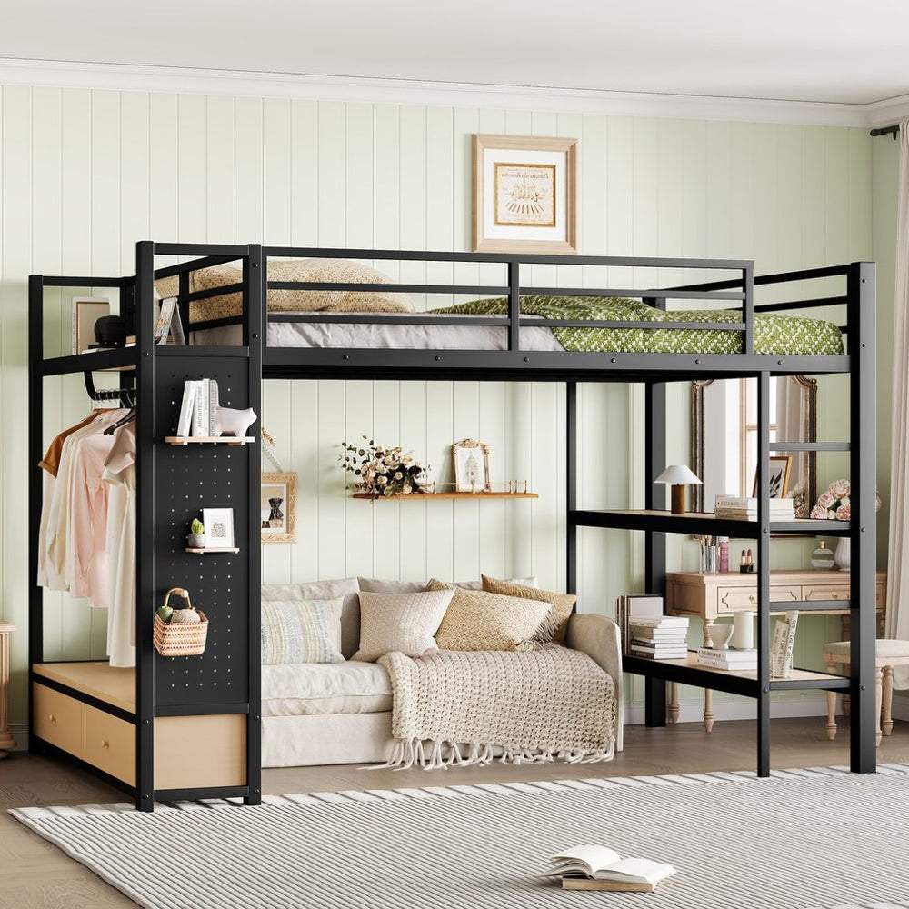 English Elm Queen Loft Bed Frame With Wardrobe & Shelves - Modern Metal Design For Space-Saving Storage & Work W1580S00233-GIGA