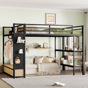English Elm Queen Loft Bed Frame With Wardrobe & Shelves - Modern Metal Design For Space-Saving Storage & Work W1580S00233-GIGA