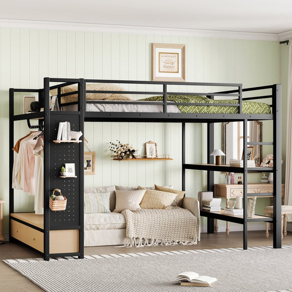 English Elm Queen Loft Bed Frame With Wardrobe & Shelves - Modern Metal Design For Space-Saving Storage & Work W1580S00233-GIGA