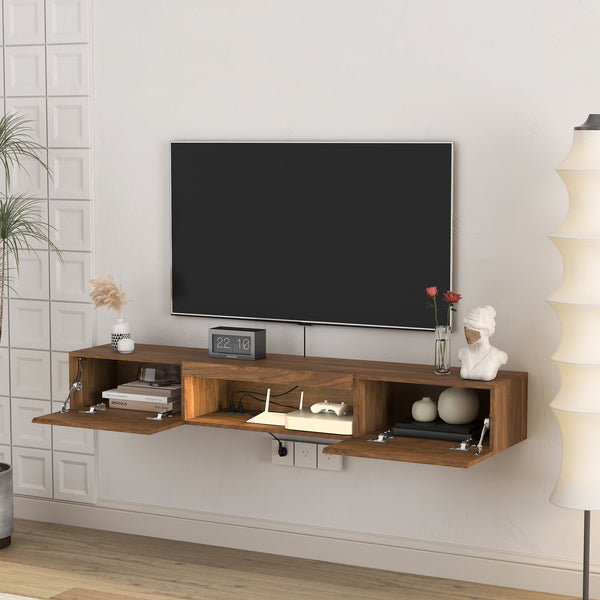 English Elm Floating TV Stand Wall Mounted 63" Modern Wood Floating TV Cabinet with 16-Color LEDs, Cable Management, Large Storage and Easy Install W1321P330270