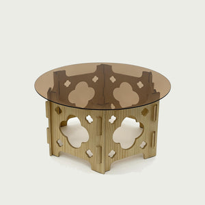 English Elm Round Carved Wood Base Coffee Table with Tea Glass Top for Modern Living Rooms W3935P481195