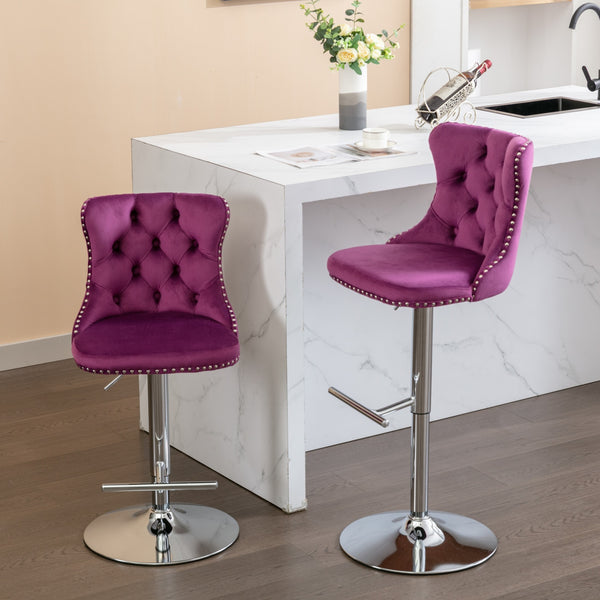 English Elm Swivel Velvet Barstools Adjustable 25–33" Height, Tufted Back, Chrome 17.7" Base, Purple Set of 2 W1143137914