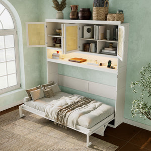 English Elm Twin Murphy Bed with Rattan Cabinet Doors Led Lighting and Usb Charging for Small Spaces White LP000740AAK