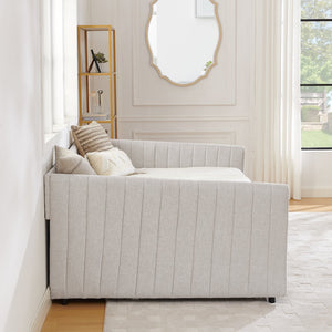 English Elm Full Size Daybed With Trundle, Elegant Beige Linen Sofa Bed, Vertical Stripes, Perfect For Guests! W1413S00091