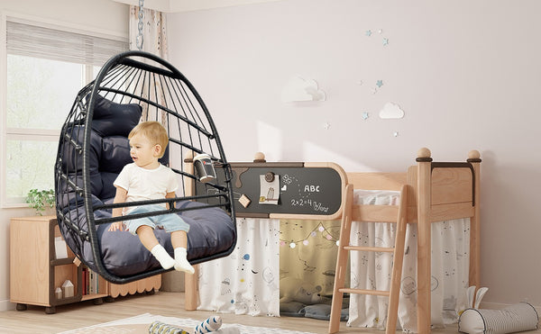 English Elm Swing Hammock Egg Chair with Wood-Grain Alloy Frame, UV-Resistant Rattan, Foldable 350lb Capacity Black W2707P184373