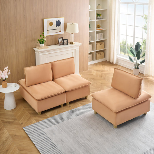 English Elm 88-inch minimalist modern three-seater velvet sofa with movable seats, solid wood frame, 500lb capacity Light Brown W1658S00126