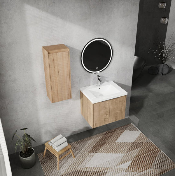 English Elm 24" Wall-Mounted Bathroom Vanity Set With Resin Sink & Side Cabinet – Soft-Close Doors, Modern Design W999S00217