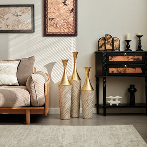 English Elm Floor Metal Vase Set - 3-Piece Modern Geometric Decor With Woven Texture & Glazed Finish,  Tall Accent W2796P255611