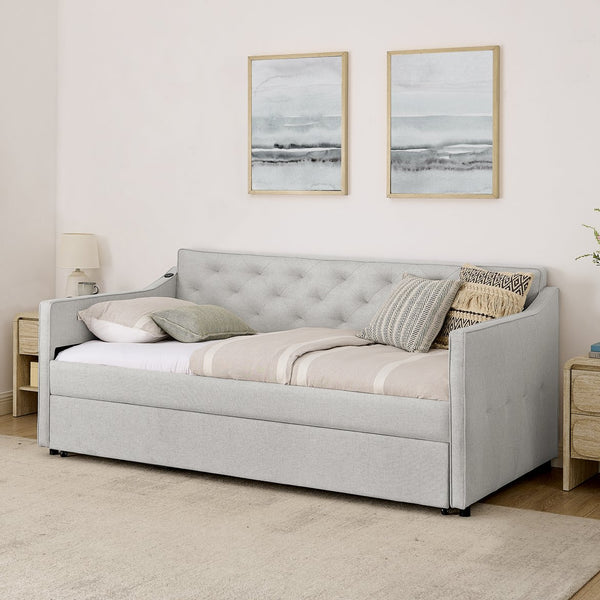English Elm Twin Linen Tufted Daybed with Pop up Trundle and Usb Port for Guest Rooms W1413S00129