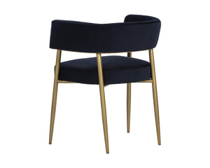 Sunpan Maestro Contemporary Dining Armchair with Curved Frame and Antique Brass Legs for Elegant Dining Abbington Navy