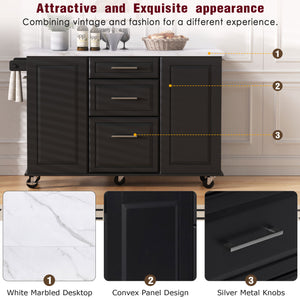 English Elm K&K Vintage Convex Kitchen Island Cart with Faux Marble Top, Tilt Trash, Pull-Out Organizer, Wheels Black N707P299008B