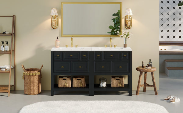 English Elm 60'' Elegant Freestanding Bathroom Vanity Set With Ceramic Sink, Solid Wood Frame & Ample Storage N710SS00004B