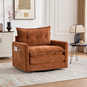 English Elm UNITED Swivel Barrel Chair with Chenille Upholstery, 360° Smooth Rotation, Padded Arm Comfort and Side Pockets for Living Room Relaxation Brown W1568P290084
