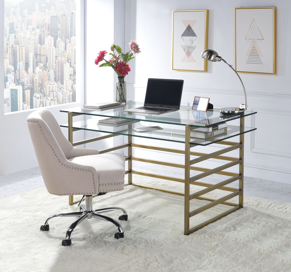 English Elm Shona Tempered Glass Writing Desk with Antique Brass Sled Base for Modern Offices B2726P457136