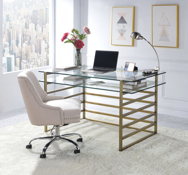 English Elm Shona Tempered Glass Writing Desk with Antique Brass Sled Base for Modern Offices B2726P457136