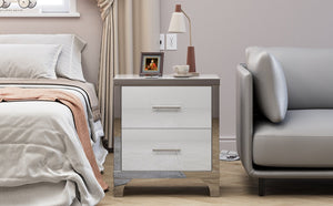 English Elm High Gloss Mirrored 2 Drawer Nightstand Slim Metal Legs Modern Bedroom Side Table White W5271P416521