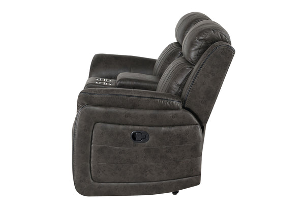 English Elm STEBAN Gray Console Reclining Loveseat with Charcoal Polyester Upholstery, Transitional Badlands Finish B201P216051