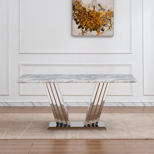 English Elm Marble Dining Table For 6-8 People, Stylish Rectangular Faux Marble Top With Chrome Base Elegance W3456S00022