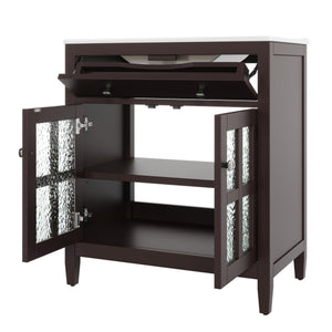 English Elm Christopher Knight Home® - 30" Bathroom Vanity with Ceramic Sink, Solid Wood Legs, Adjustable Shelf, Tip-Out Tray, Soft-Close Hinges, Silver Knobs, Moisture-Resistant Finish Dark Brown N817P286250D