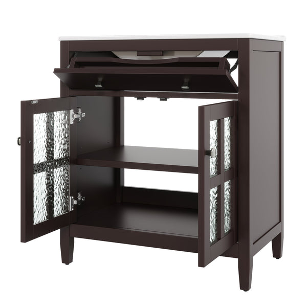English Elm Christopher Knight Home® - 30" Bathroom Vanity with Ceramic Sink, Solid Wood Legs, Adjustable Shelf, Tip-Out Tray, Soft-Close Hinges, Silver Knobs, Moisture-Resistant Finish Dark Brown N817P286250D