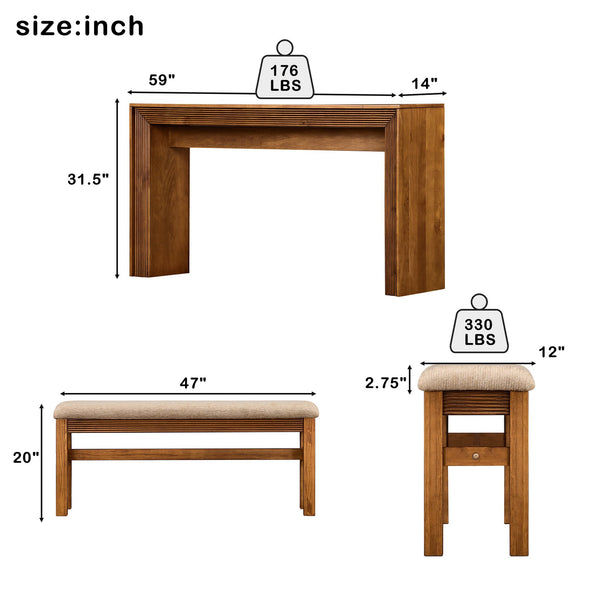 English Elm Fluted Counter Height Dining Set Narrow Bar Console with Upholstered Stool Retro Wood Brown W1202P330888