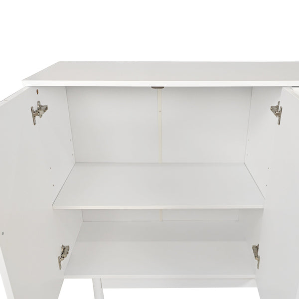 English Elm Stylish 4-Door Intaglio Storage Cabinet with Pine Legs and Solid Wood Pulls, Mid-Century Modern Console White W757P151917