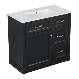 English Elm 36 Inch Bathroom Vanity With Sink & Soft-Close Drawers - Modern Black Cabinet For Smart Storage N725P336549B