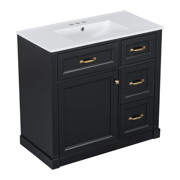 English Elm 36 Inch Bathroom Vanity With Sink & Soft-Close Drawers - Modern Black Cabinet For Smart Storage N725P336549B