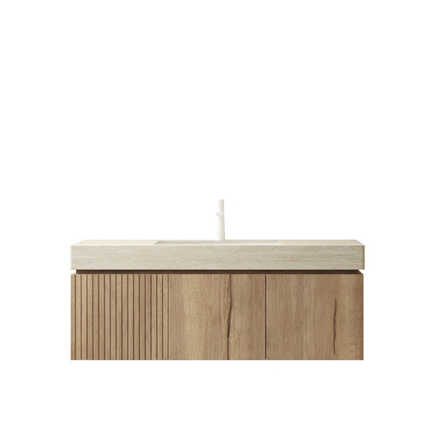 English Elm MURI Wall-Mounted 48" Bathroom Vanity with Durable Sintered Stone Top, Ceramic Basin, Soft-Close Beige,White Oak W2615S00222