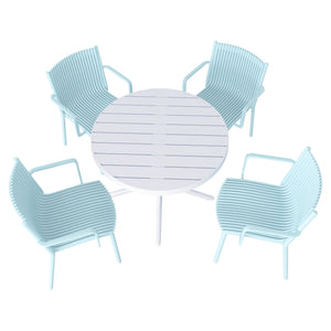 English Elm Summer 5 Piece Stackable Polypropylene Outdoor Dining Set with Round Table for Patios Light Blue,White W3450S00022
