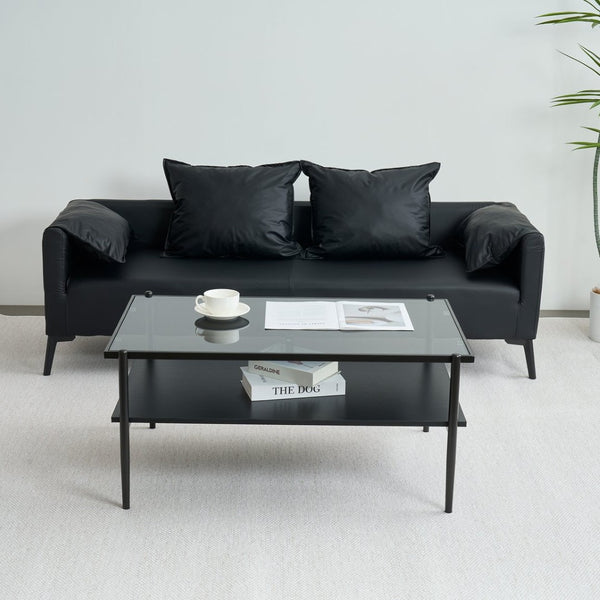 English Elm Rectangle Coffee Table With Sleek Gray Glass Top & Sturdy Black Metal Legs - Modern Living Room Style W241139565-GIGA