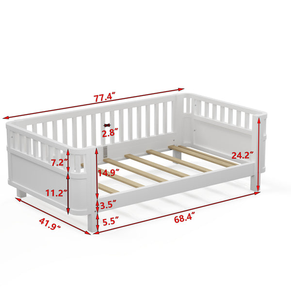 English Elm Twin Solid Pine Platform Bed with Guardrail for Kids — Low Profile White Twin Bed, Durable 250lb Capacity W2593P296772