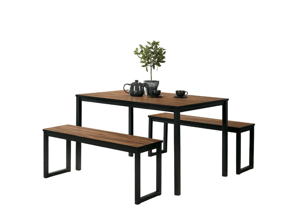 English Elm Industrial 3pc Dining Set Walnut Top with Black U-Shape Metal Legs, Benches, Modern Durable Elegance B2741P383856