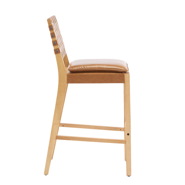 English Elm Christopher Knight Home® - Rieti PU Leather Barstools Set of 2 — Natural Rubberwood Frame, Geometric Crossback, Riveted Accents N775P271408B