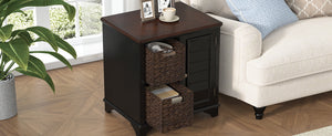 English Elm U Can Louvered End Table with Woven Grass Baskets Ottoman Legs Farmhouse Storage Black N724P401353B