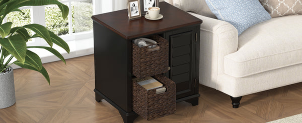 English Elm U Can Louvered End Table with Woven Grass Baskets Ottoman Legs Farmhouse Storage Black N724P401353B