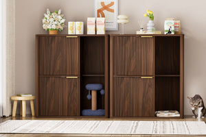 English Elm 31.5-inch Grooved Wood Cat Litter Cabinet with Integrated Tree Mid-century Pet Furniture Walnut W1162P407684